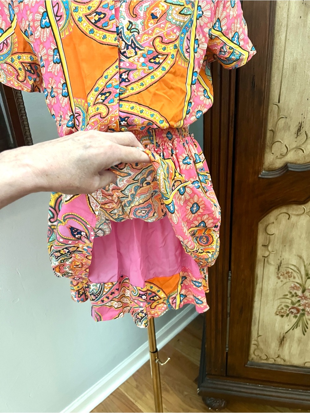 KARLIE Pink Orange Paisley Smocked Waist Ruffle Mini Dress Pockets Size Medium - Picture 5 of 12